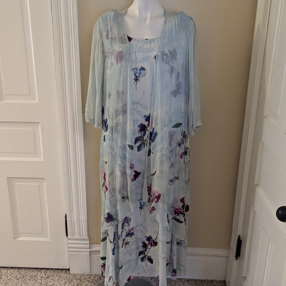 Vintage Caite women pale blue floral dress with over coat size 1X